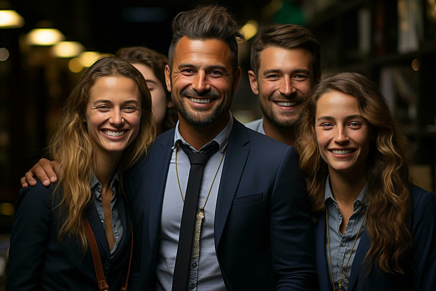 Ai Generative group of happy business man and business women, dressed in suits are smiling, in the office photo