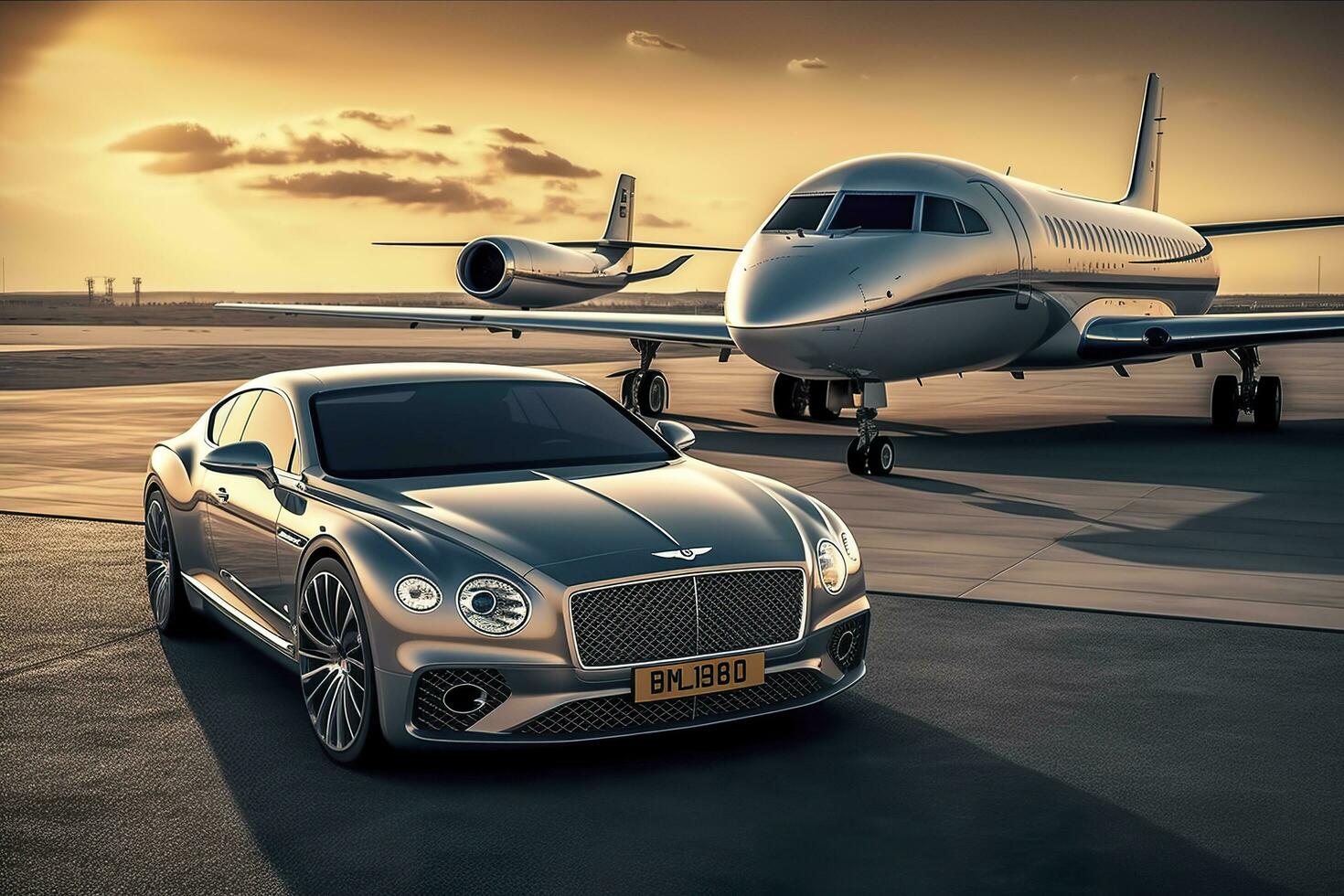 Super car and private jet on landing strip. Business class service at the airport. Business class transfer. Airport shuttle, AI Generative photo