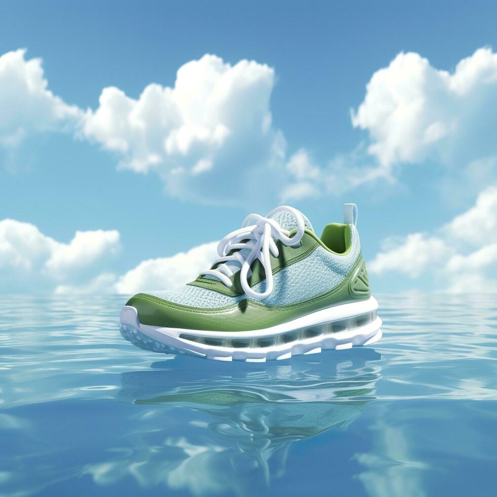 Close up  green sports shoes on a blue sea level with blue sky and white clouds bright light background. Creative advertisement. AI Generative photo