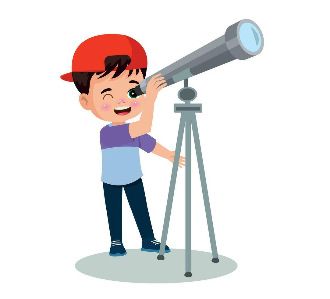 Boy looking through telescope, illustration vector