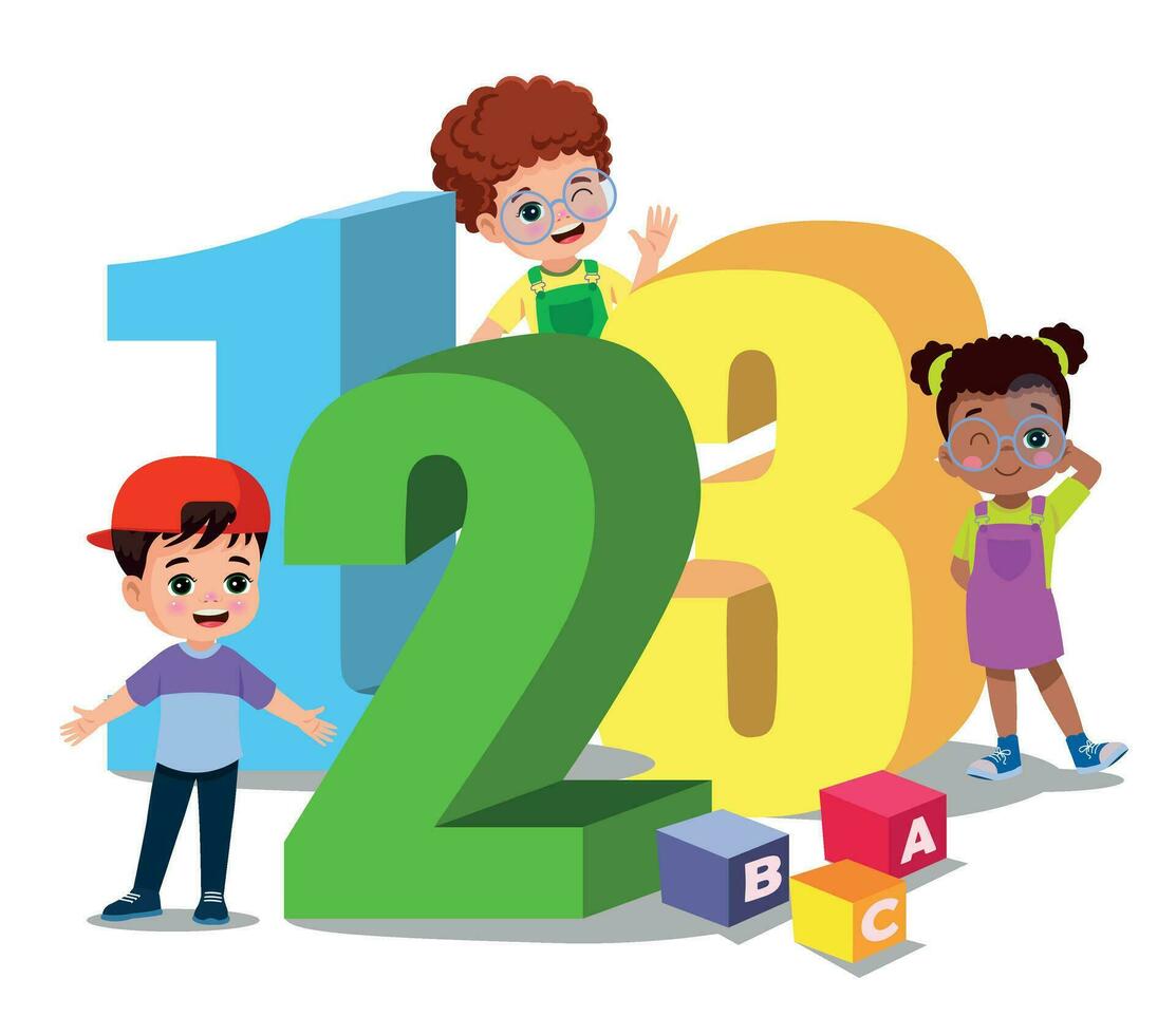 school kids with 123 numbers vector