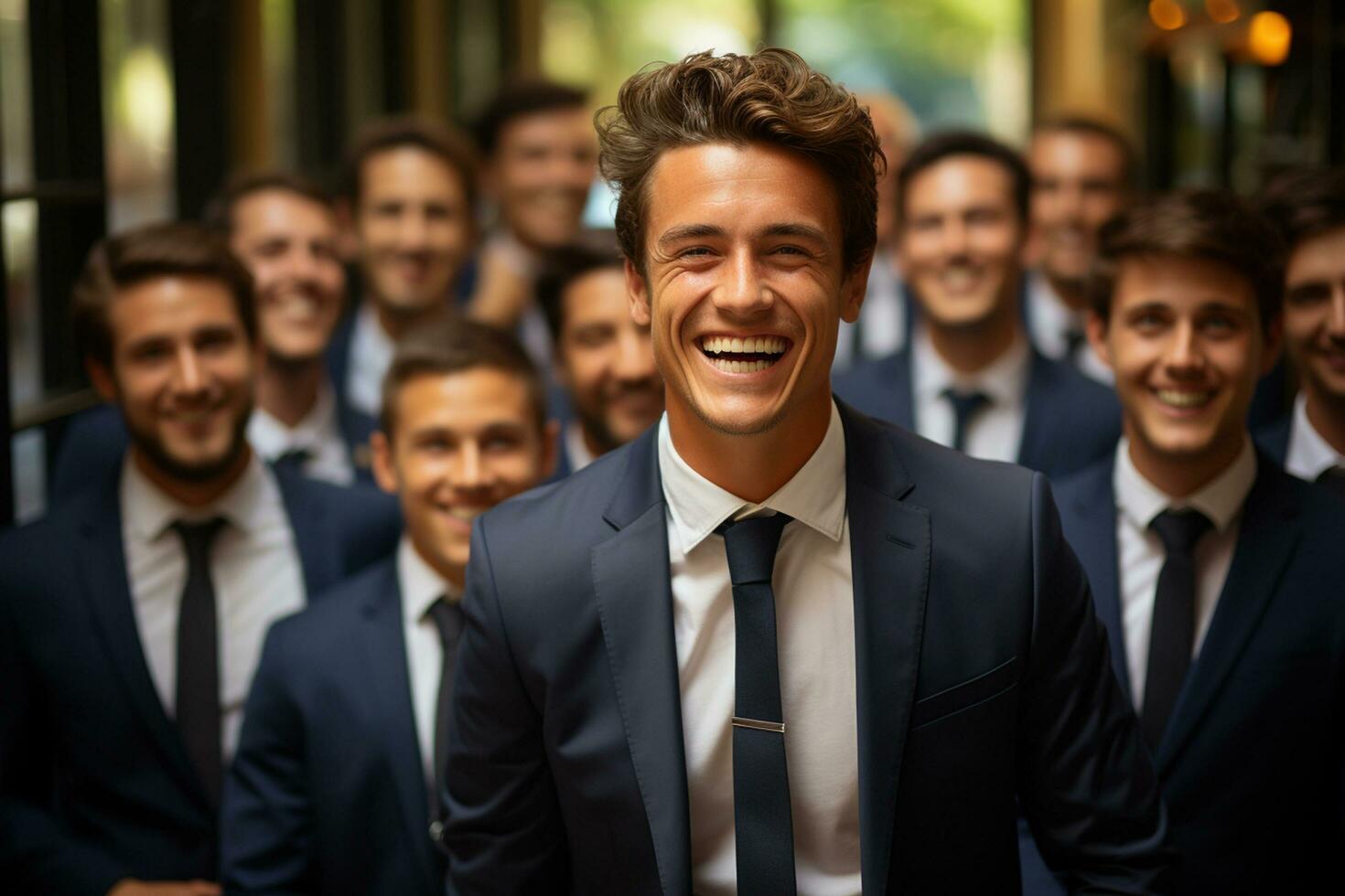 Ai Generative group of happy business man and business women, dressed in suits are smiling, in the office photo