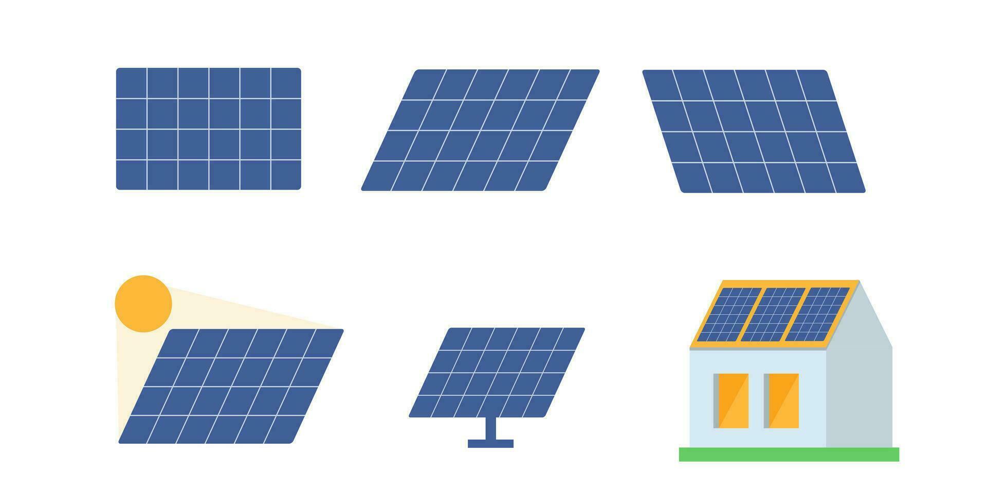 Set of solar panels on white background. Pv panels. Photovoltaic panels on house roof. Renewable energy concept. Vector illustration.