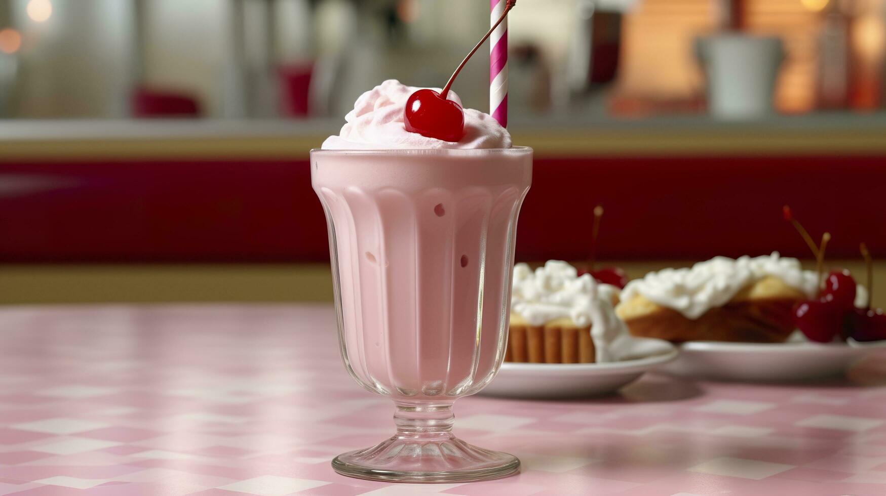 Cherry Milkshake in a Classic American Diner.  food photography concept. Generative AI photo