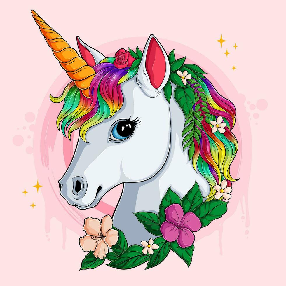Pretty unicorn head fantasy character with colorful flowers and hairstyle, magical cute white pony vector