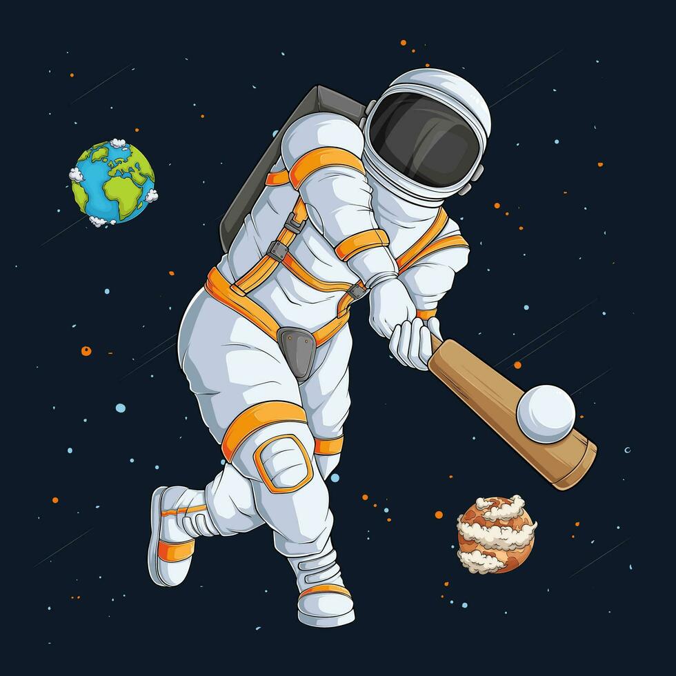 Hand drawn astronaut in spacesuit playing Cricket, batsman cosmonaut over space rocket and planets vector