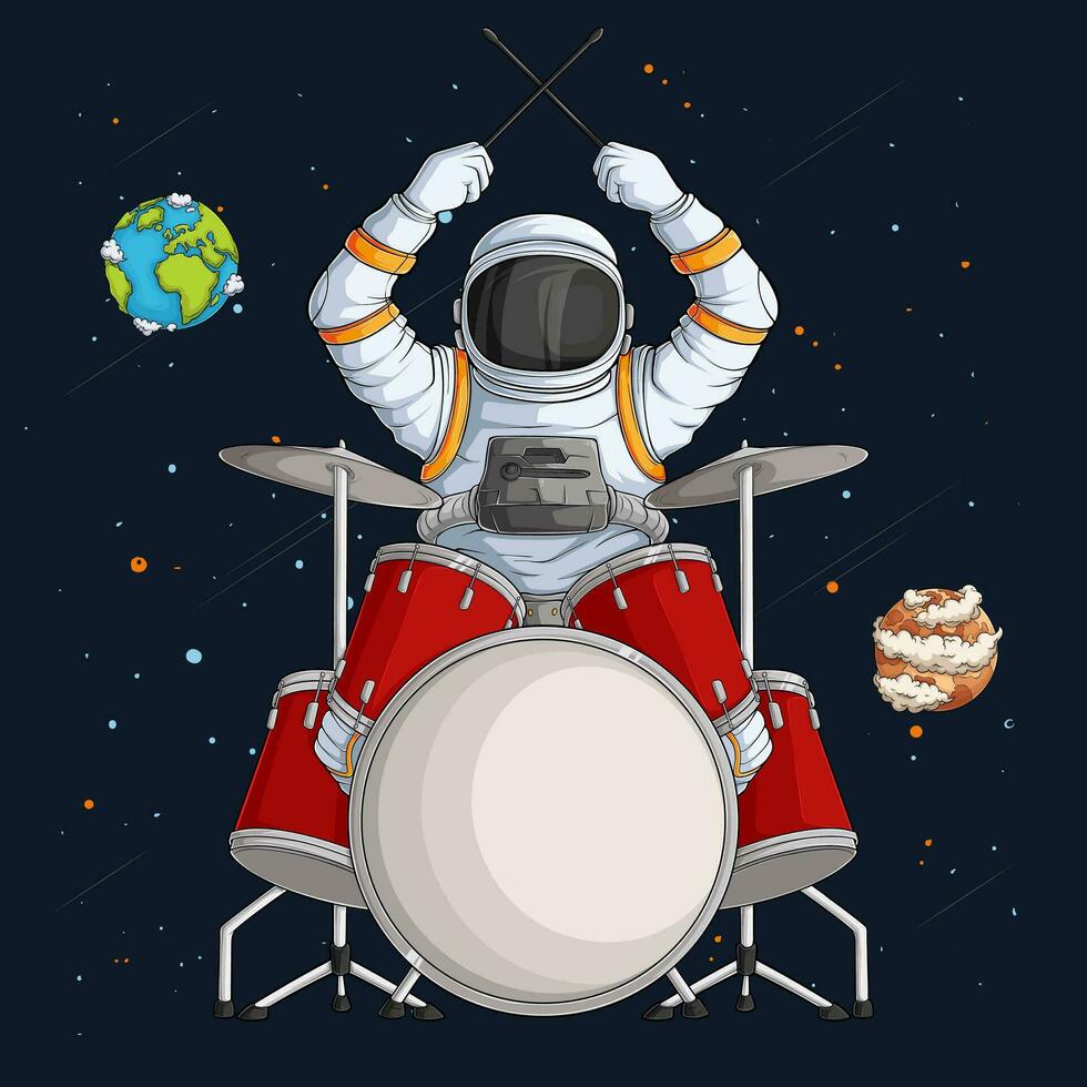 Hand drawn Drummer astronaut in spacesuit playing drums with crossed sticks and cymbals over space vector