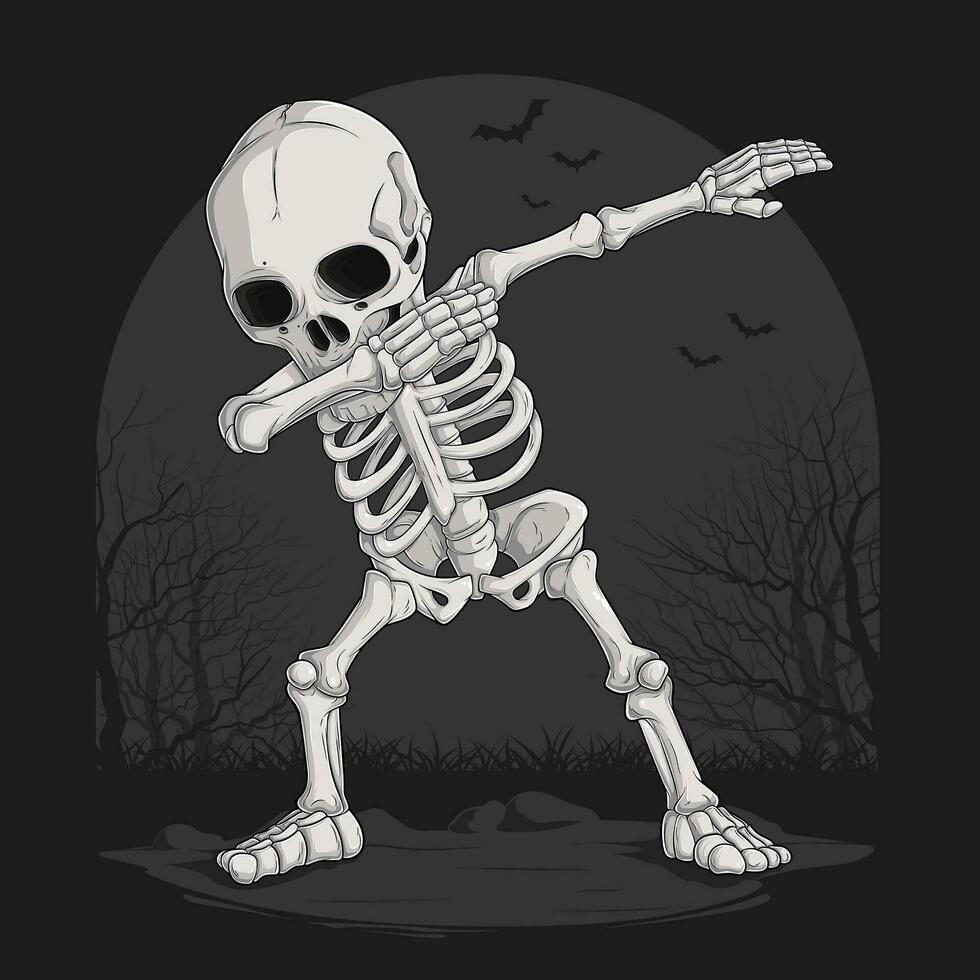 Hand drawn funny Skeleton doing dabbing dance, Halloween skull character dancing dab movement vector