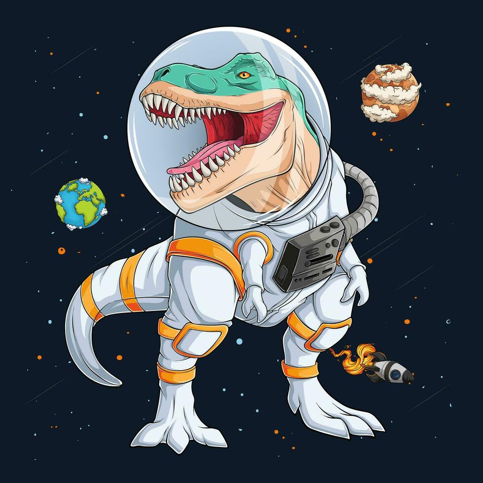 Hand drawn funny T Rex dinosaur wearing cosmonaut spacesuit, Astronaut T Rex over rocket and planets vector