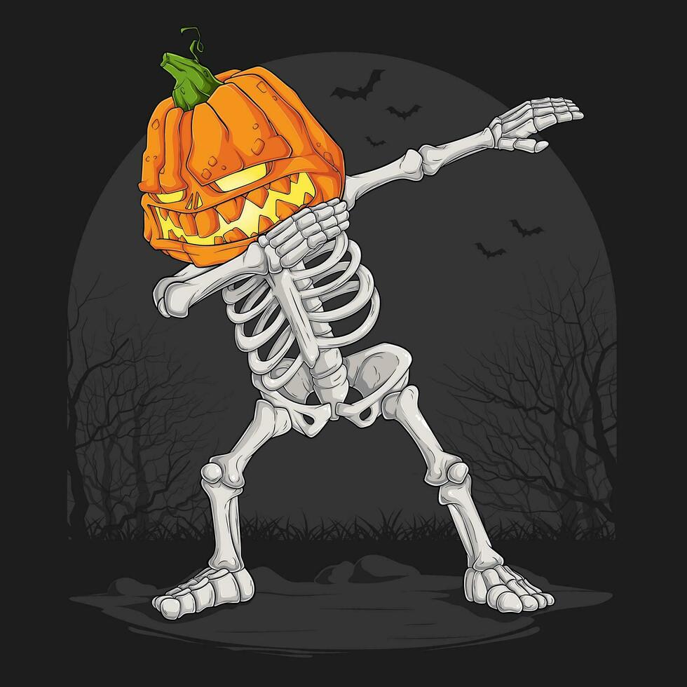 Hand drawn funny Skeleton Pumpkin head doing dabbing dance, Halloween skull character dab movement vector