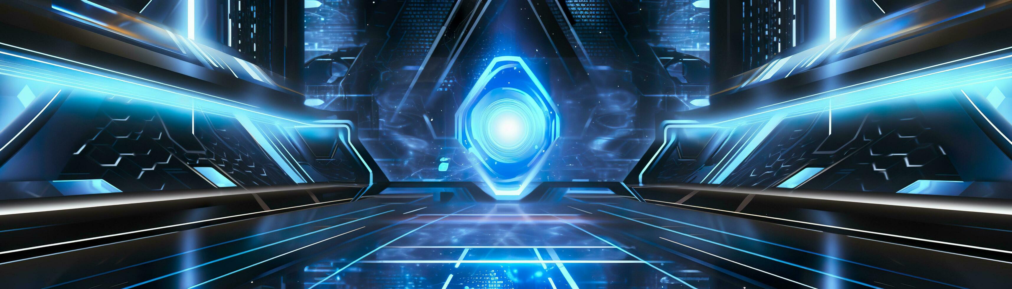 science fiction wallpaper with blue lights. Generative AI photo