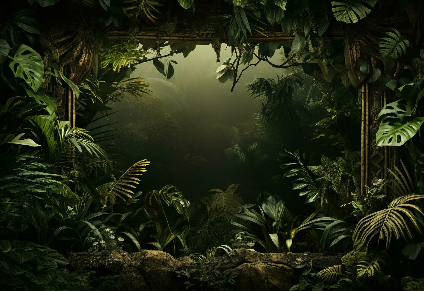 Beautiful jungle background with border made of tropical leaves backdrop with copy space photo