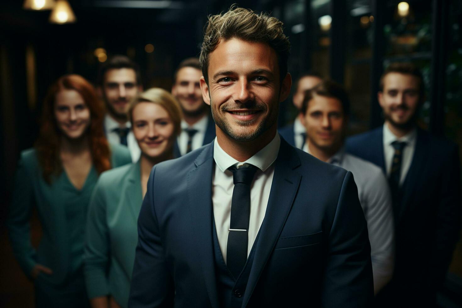 Ai Generative group of happy business man and business women, dressed in suits are smiling, in the office photo