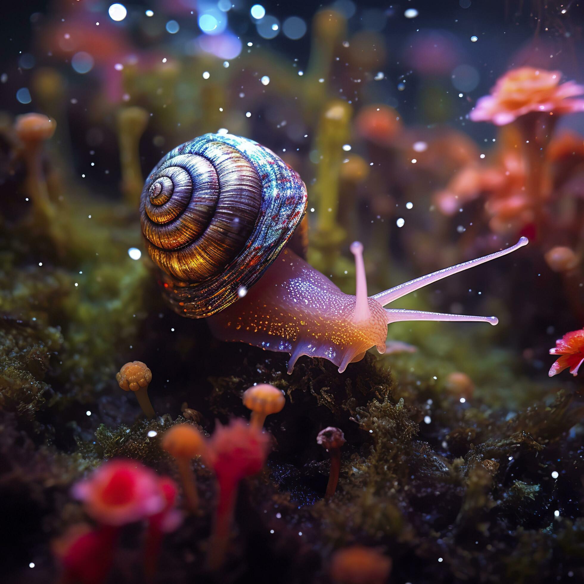 Iridescent Snail in a Fairy Forest, Close Up of a Shimmering Shell. AI