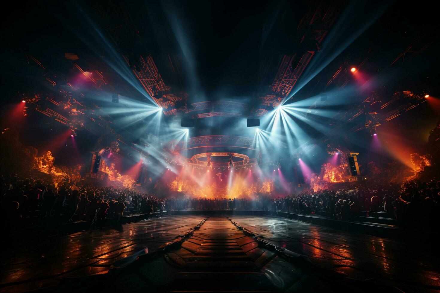 Ai generative Crowded Concert Stage Scenery With Spotlights and Colored Lights realistic image, ultra hd photo