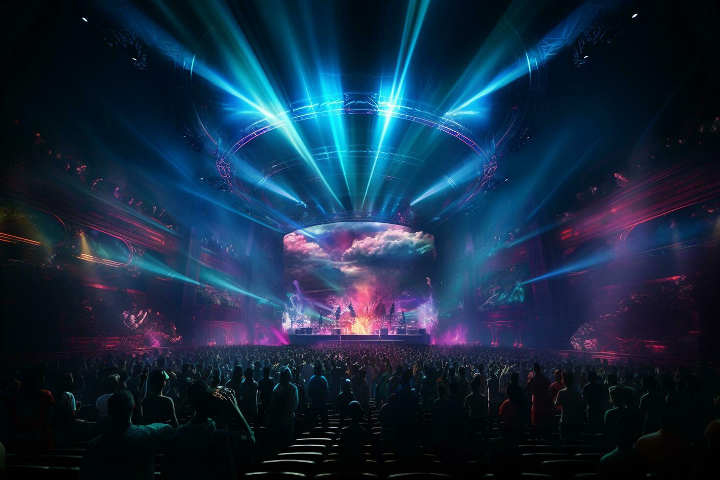 Ai generative Crowded Concert Stage Scenery With Spotlights and Colored Lights realistic image, ultra hd photo