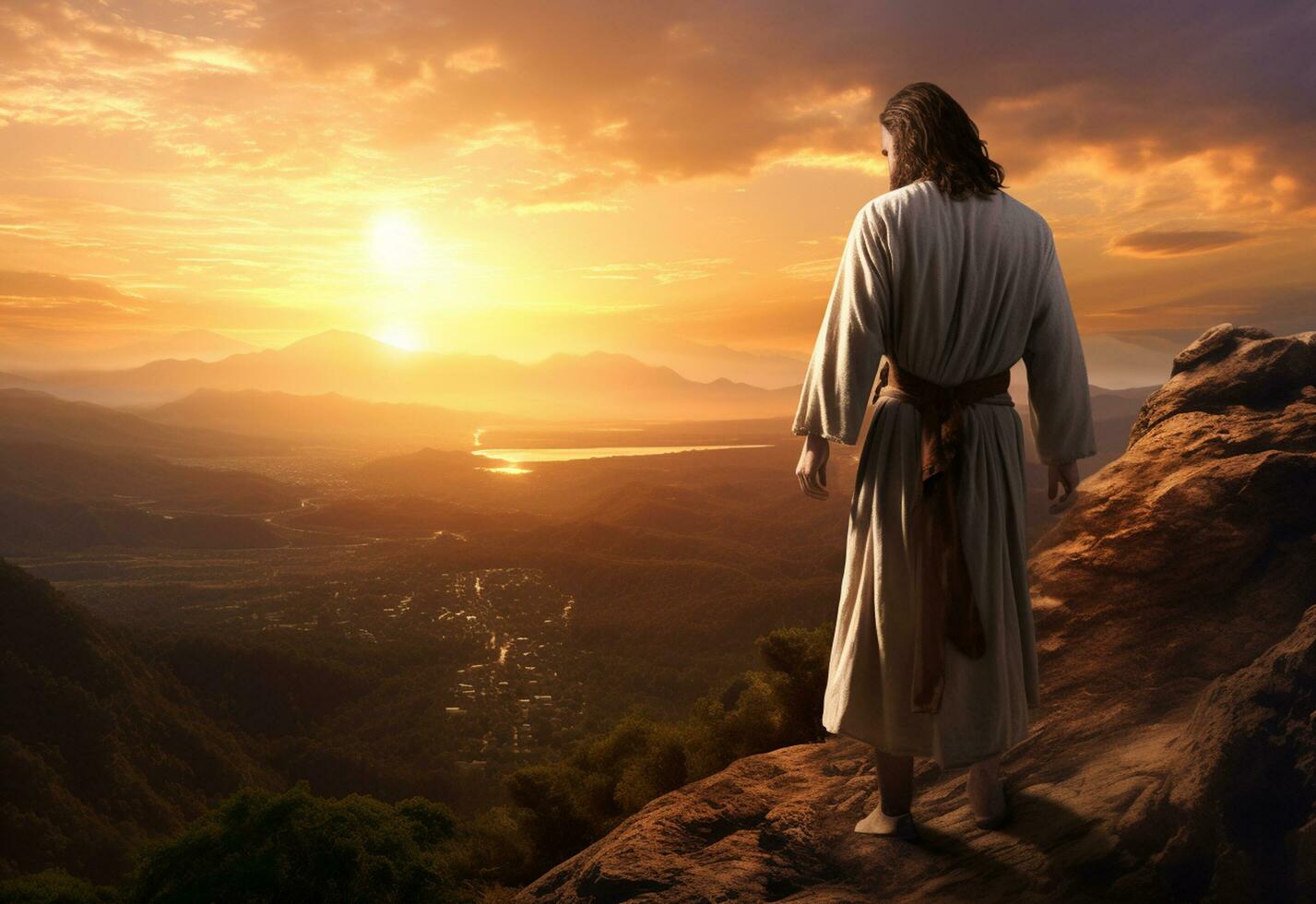 ai generativo Jesús Cristo en el colinas a puesta de sol en perno realista imagen, ultra alta definición, alto diseño muy detallado 8k foto