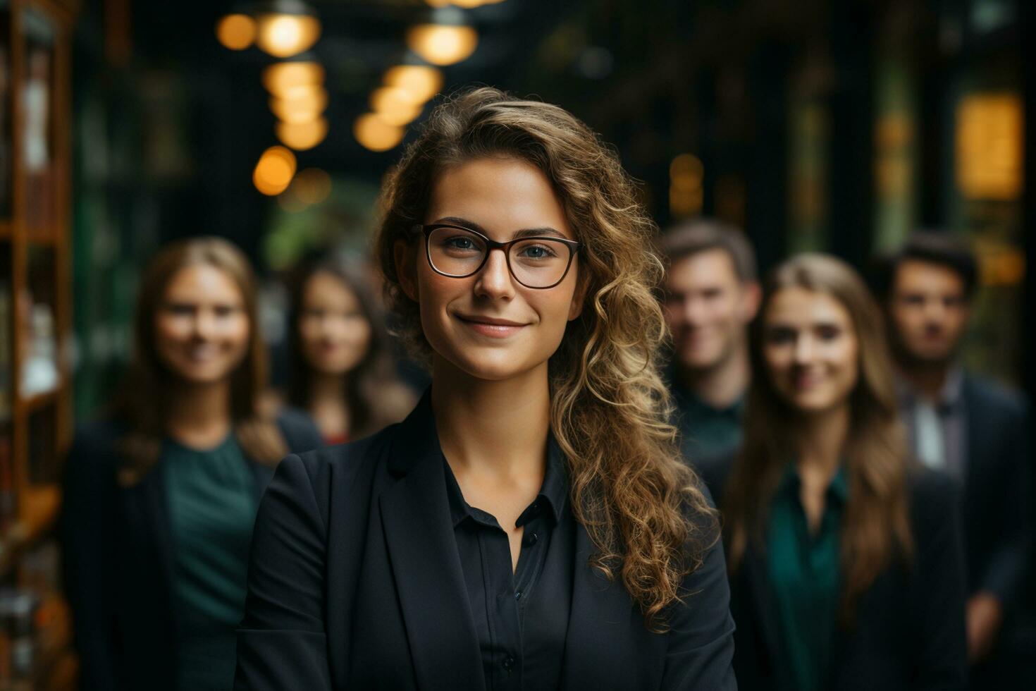 ai generativo grupo de contento negocio hombre y negocio mujer, vestido en trajes son sonriente, en el oficina foto