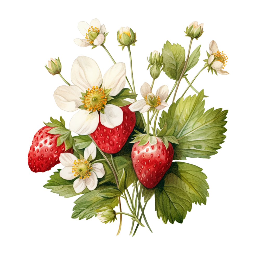 doux aquarelle réaliste fraise, fraise avec arbre, fraise png, transparent arrière-plan, ai génératif png