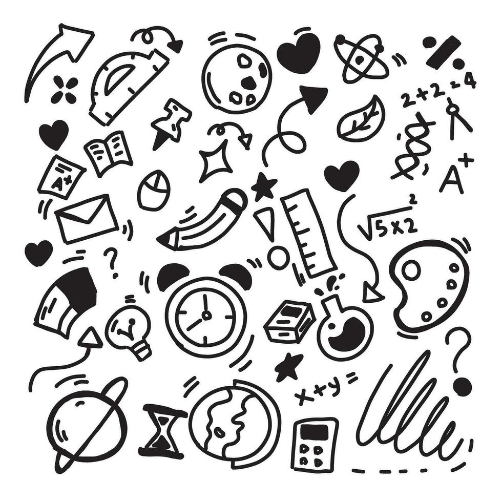 Back to school doodle seamless pattern. Hand drawn background with school supplies and creative elements. Vector illustration