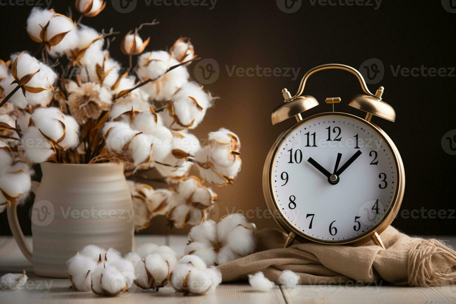 Clock and cotton banner for daylight saving, atop white wooden table AI Generated photo