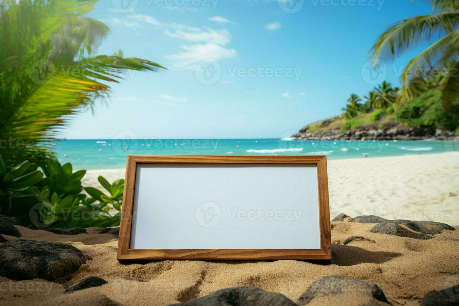 Tropical paradise beckons Palm lined beach, azure sea, and blank board for memories AI Generated photo