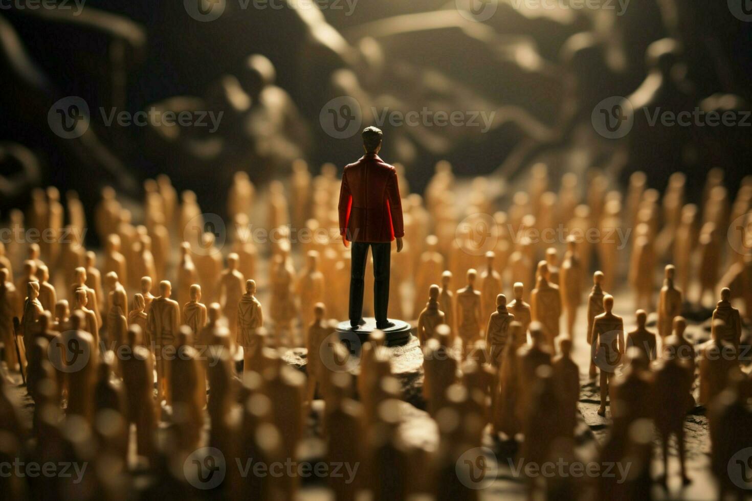 en un miniatura mundo, un líder se levanta, distinto y hermoso, en medio de el multitud ai generado foto