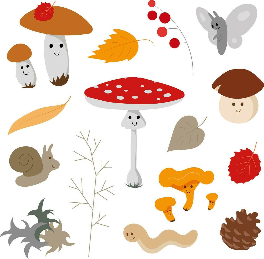 Cozy cute colorful autumn forest floor with mushrooms plants creatures vector collection on white