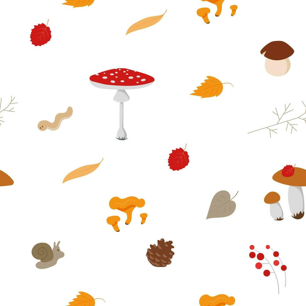 Cozy colorful autumn forest floor with mushrooms plants creatures vector seamless pattern on white