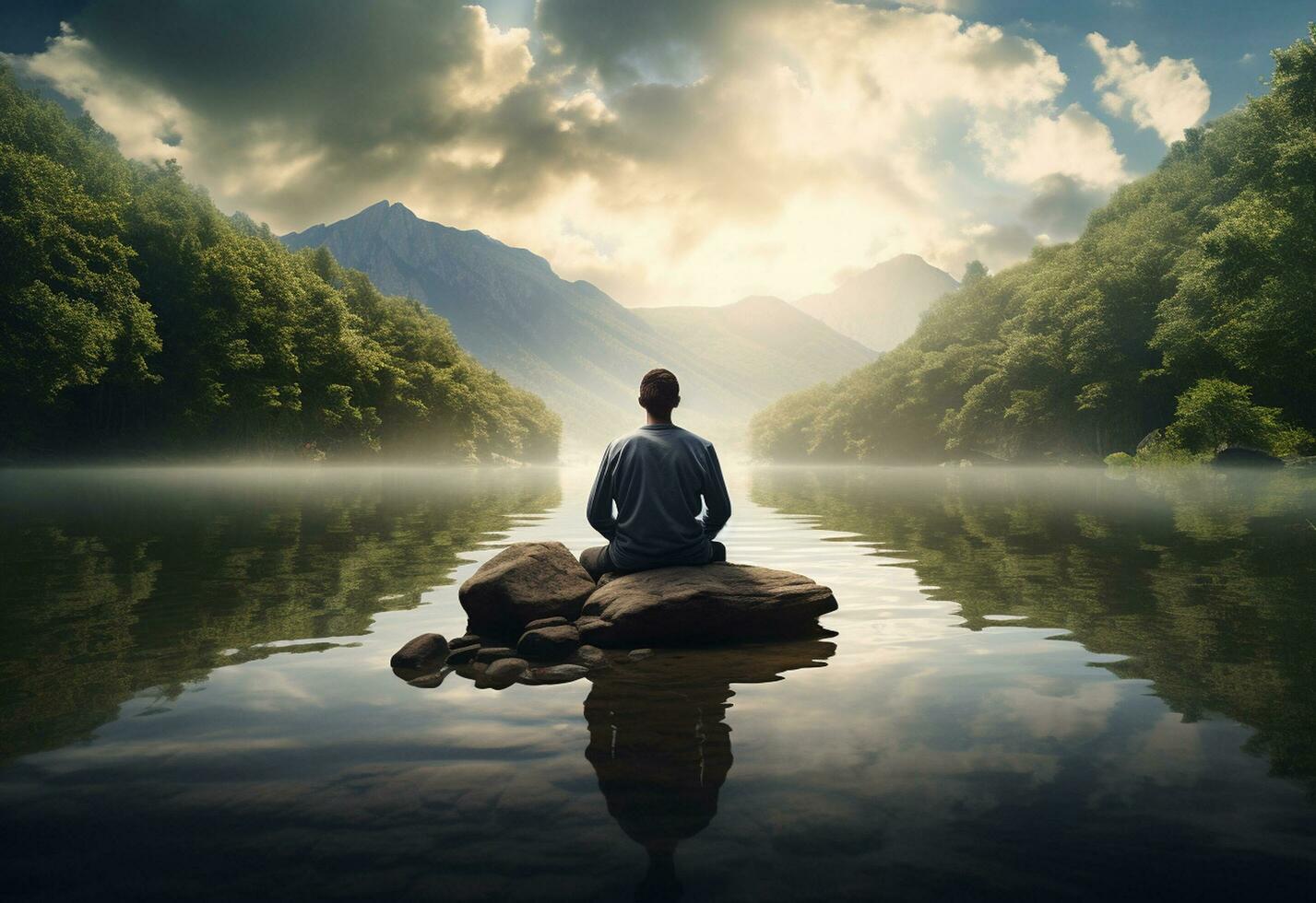 ai generative photo of a man practicing mindfulness and meditation in a peaceful natural environment sony A7s realistic image, ultra hd, high design very detailed