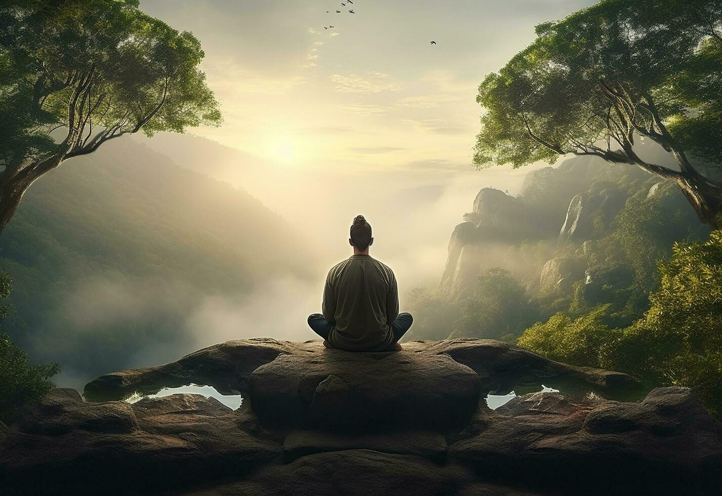 ai generative photo of a man practicing mindfulness and meditation in a peaceful natural environment sony A7s realistic image, ultra hd, high design very detailed