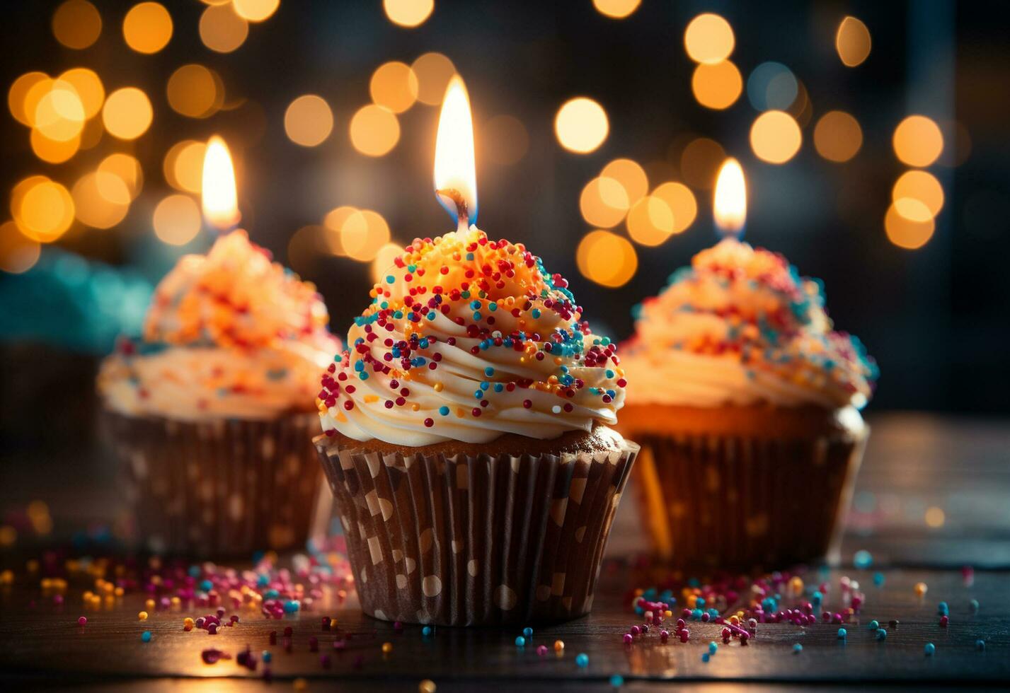 Ai generative birthday cupcakes with blur background colorful balloons realistic image, ultra hd, high design very photo