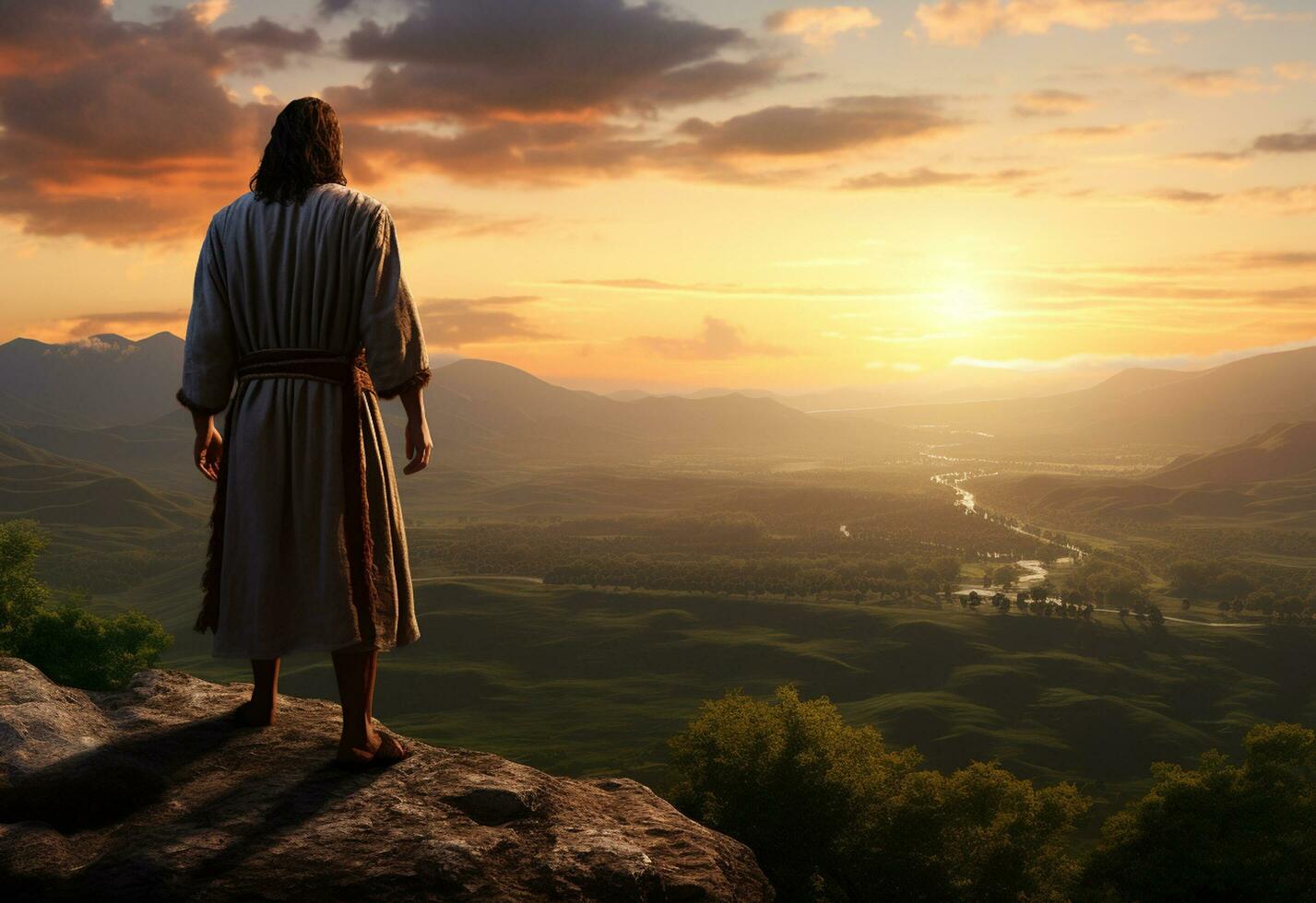 Ai generative Jesus Christ in the Hills at Sunset in Bolta realistic image, ultra hd, high design very detailed 8K photo