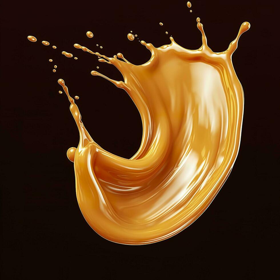 Caramel sauce, Liquid syrup splash, sugar candy caramel or melted toffee, 3d. Generative AI photo