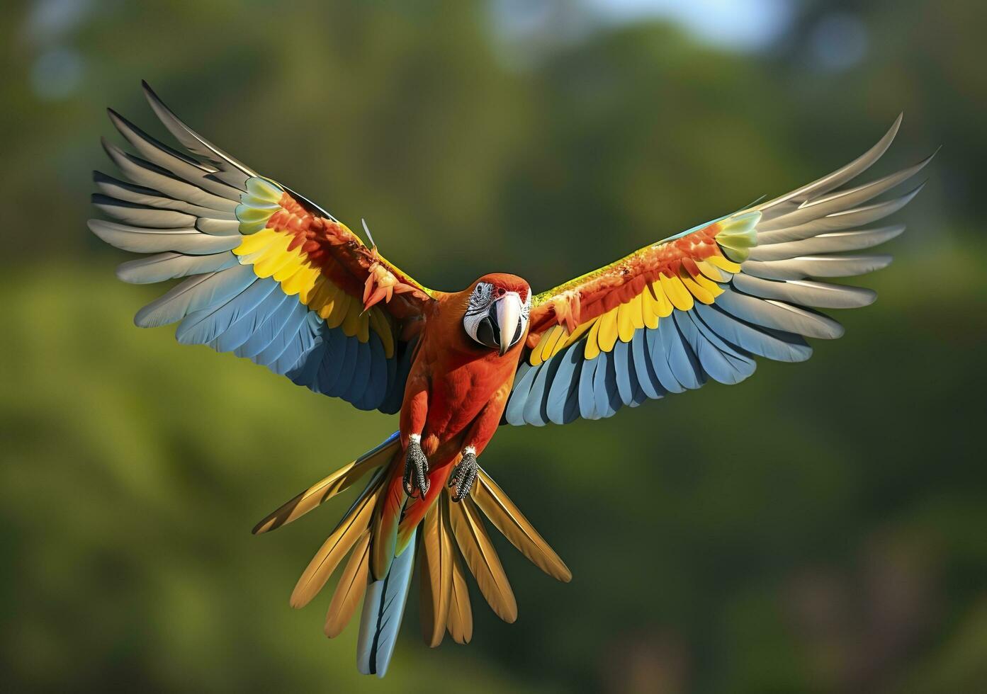 Flying macaw, beautiful bird. Generative AI photo