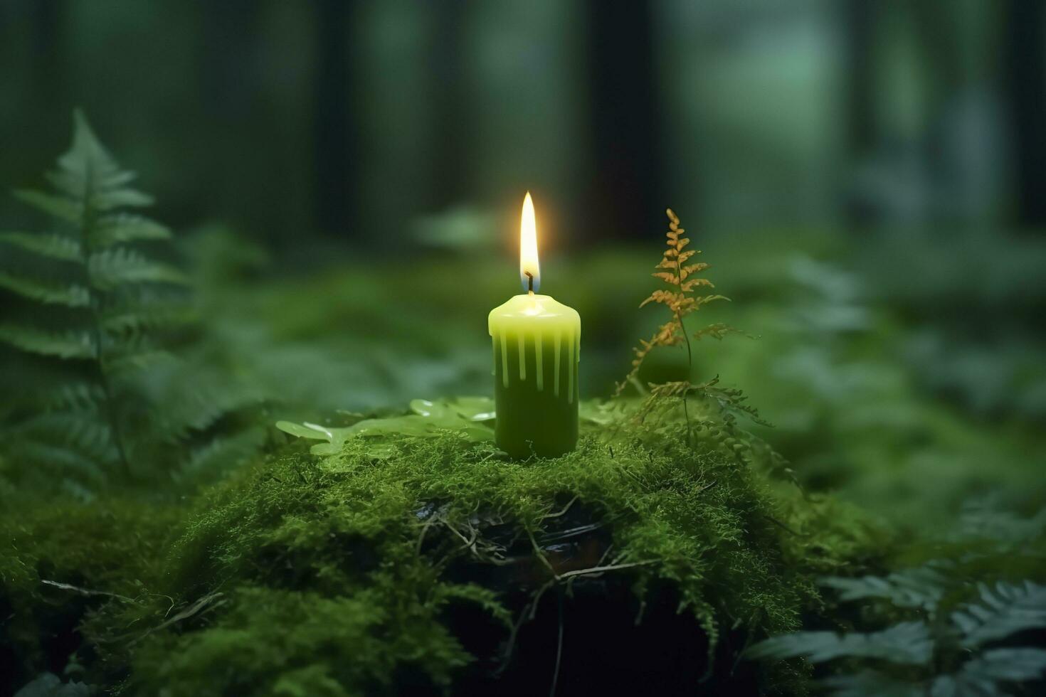 Burning candle on moss, dark green blurred the natural background. Magic candle. Generative AI photo