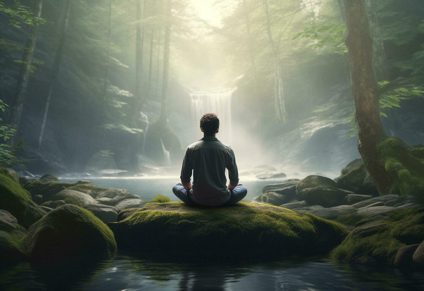 ai generative photo of a man practicing mindfulness and meditation in a peaceful natural environment sony A7s realistic image, ultra hd, high design very detailed