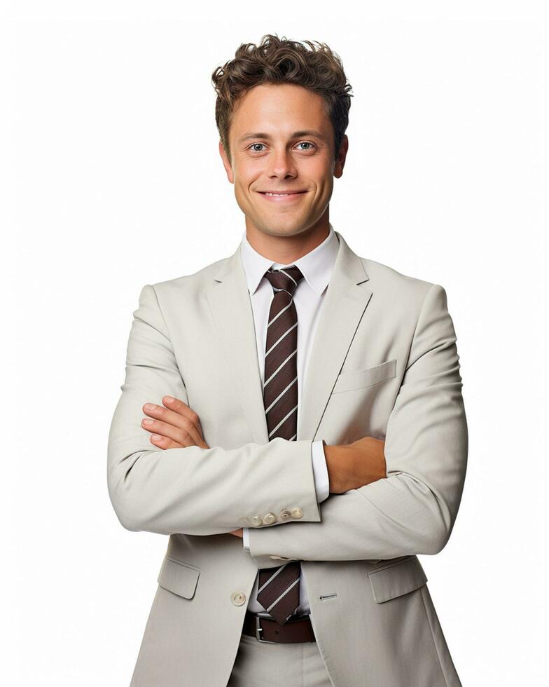 Ai Generative Photo happy businessman standing with arms crossed isolated on white background