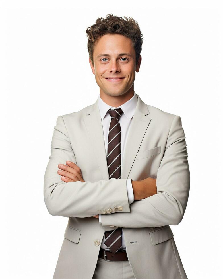 Ai Generative Photo happy businessman standing with arms crossed isolated on white background