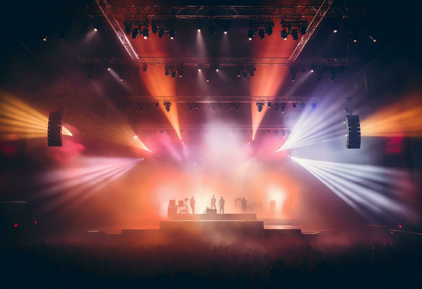 Ai generative Concert Stage Scenery With Spotlights Colored Lights Smoke photo