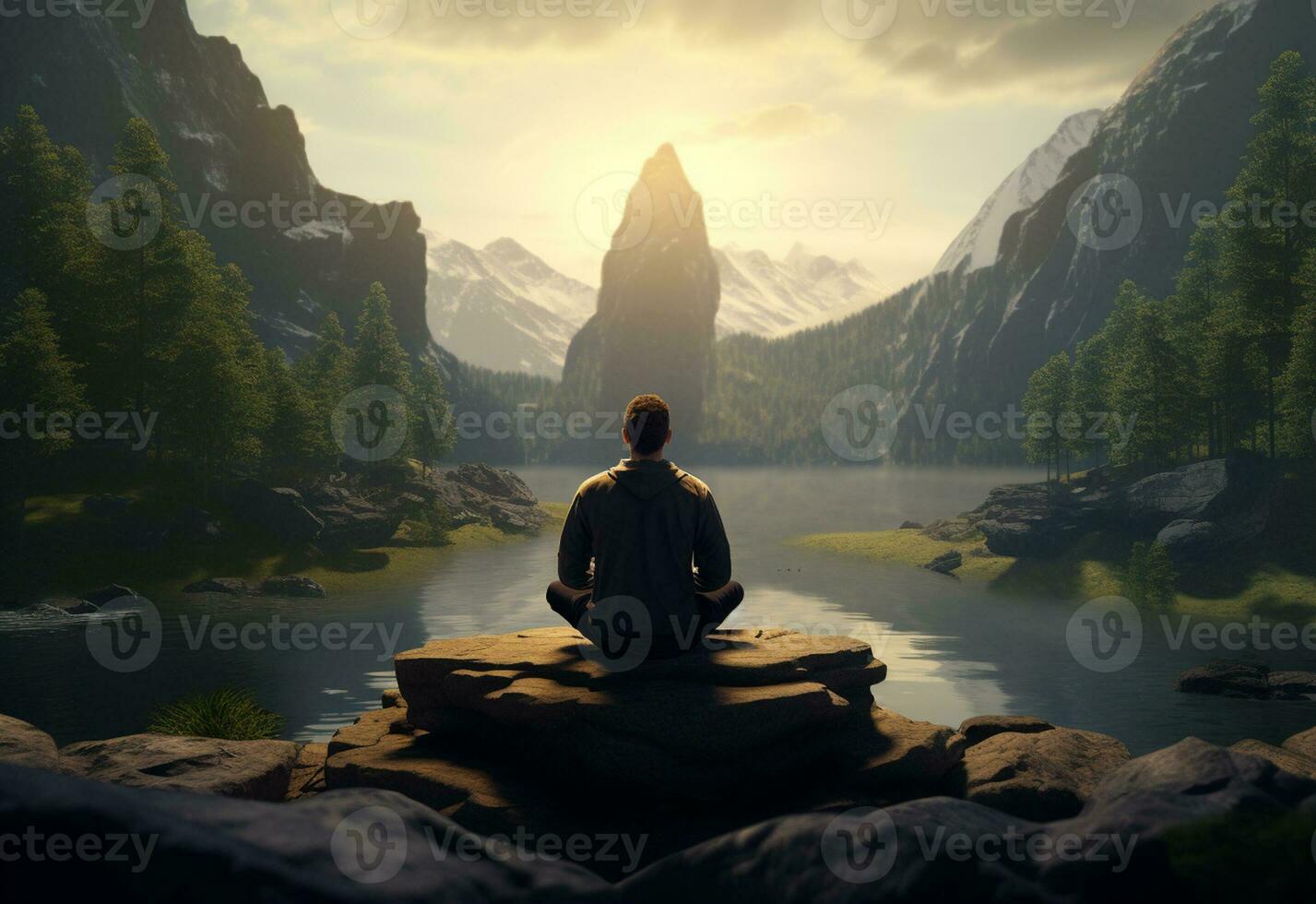 ai generative photo of a man practicing mindfulness and meditation in a peaceful natural environment sony A7s realistic image, ultra hd, high design very detailed