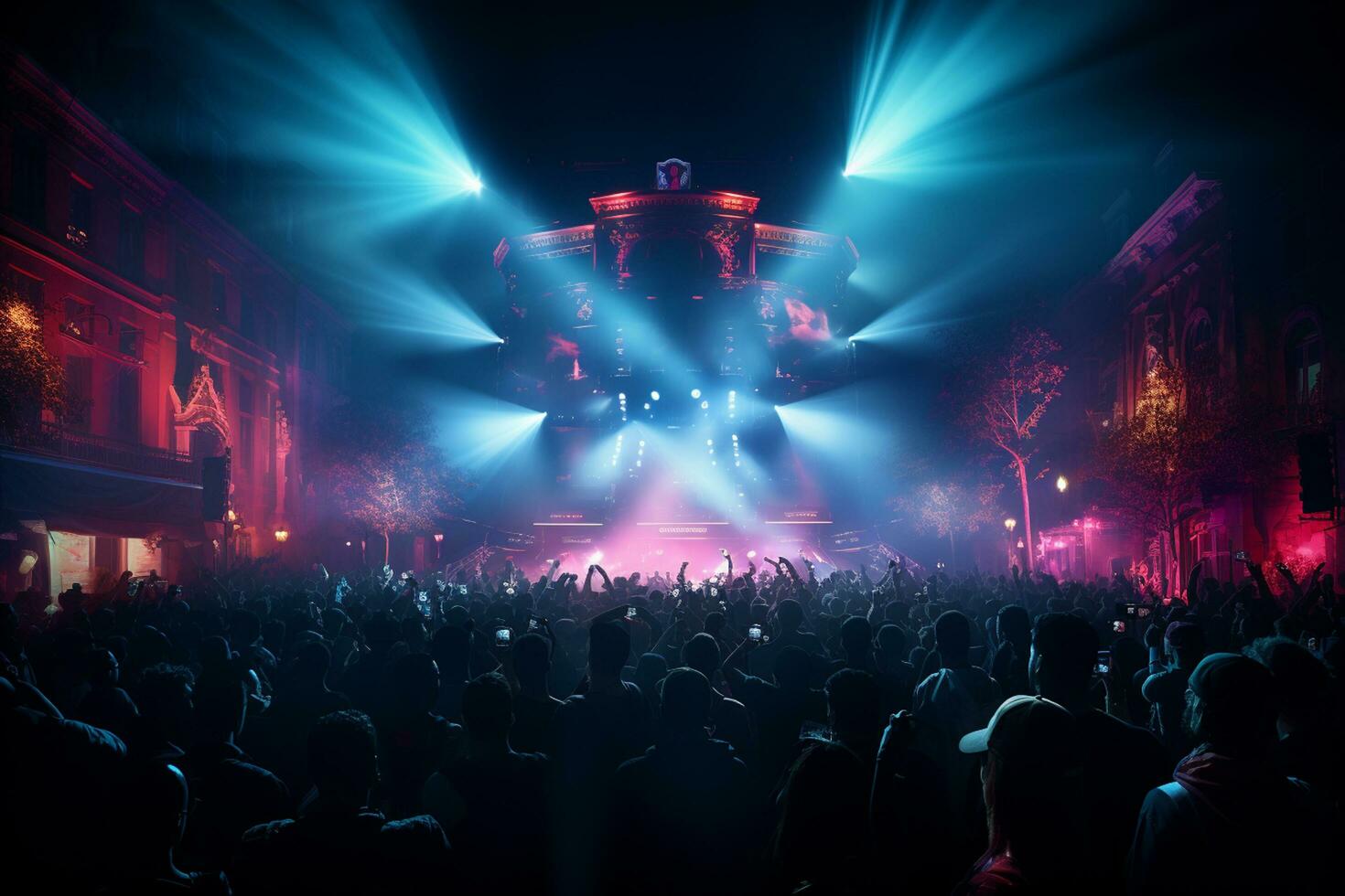 Ai generative Crowded Concert Stage Scenery With Spotlights and Colored Lights realistic image, ultra hd photo