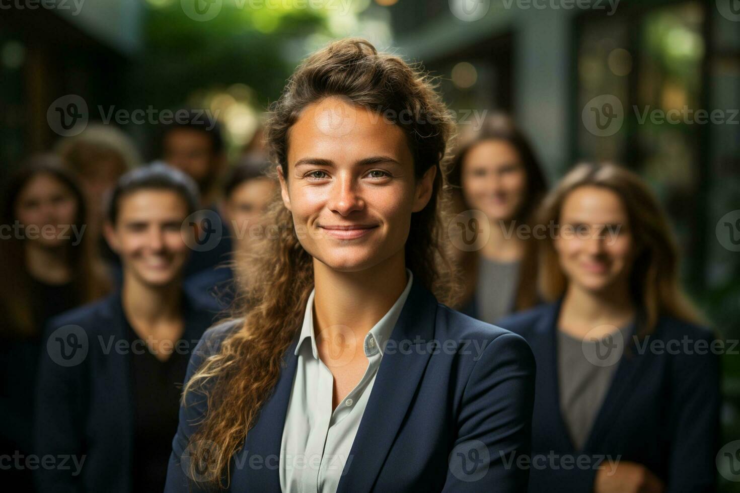 Ai Generative group of happy business man and business women, dressed in suits are smiling, in the office photo