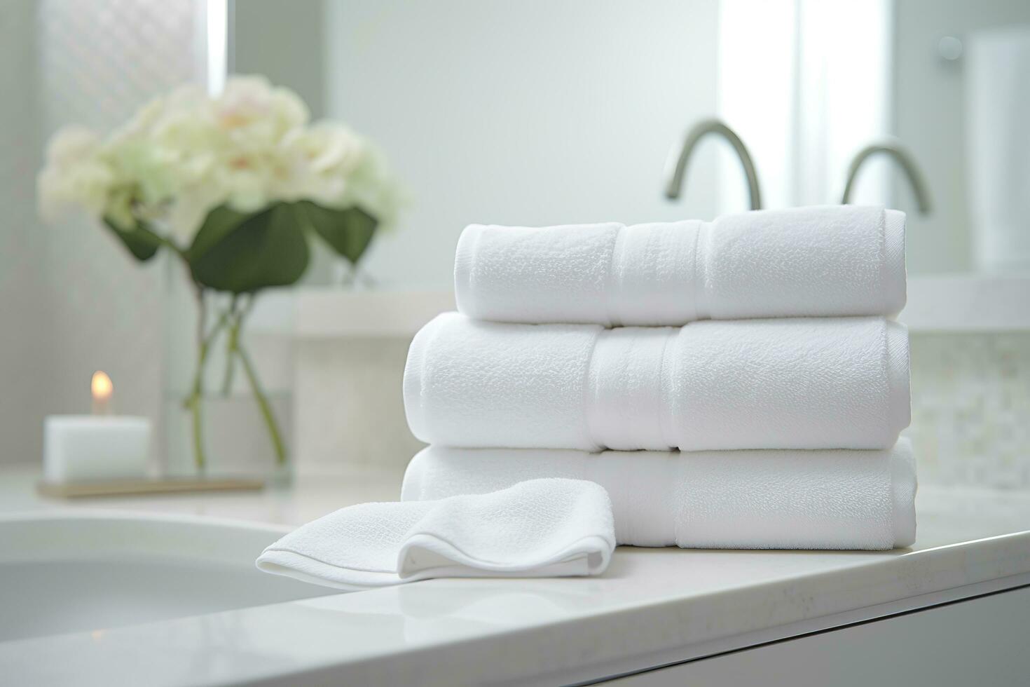 the world's softest towels against a minimalistic background. Stacked white towels sit on top of a soap dish in a bathroom. AI Generative photo