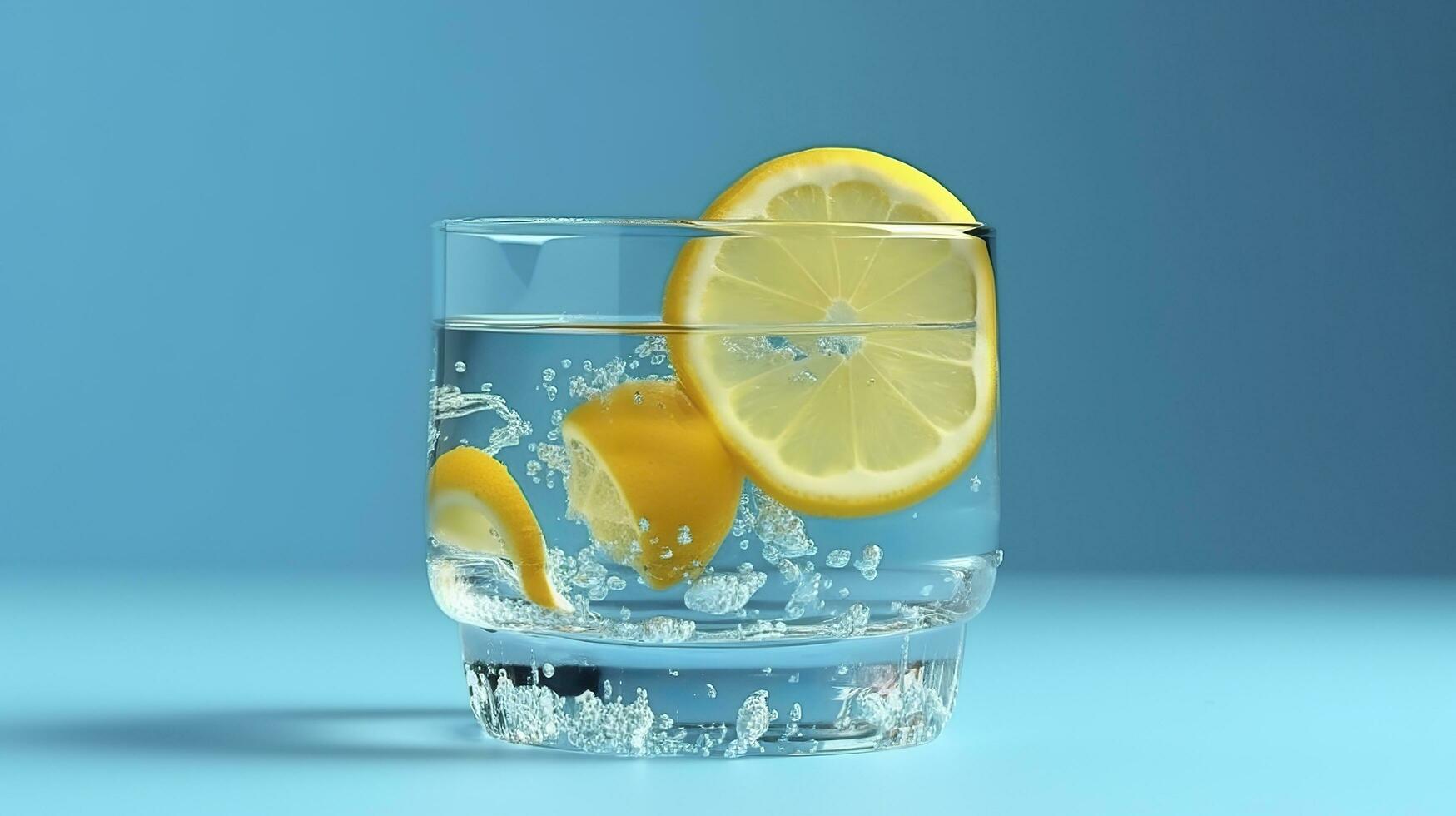 fresh cool lemonade inside little glass with ice on blue background water cold juice cocktail color. AI Generative photo