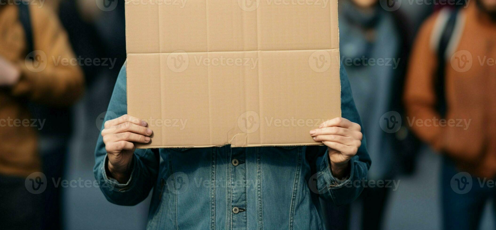 Activists focused stance Holding board featuring persuasive mock up in protest demonstration AI Generated photo