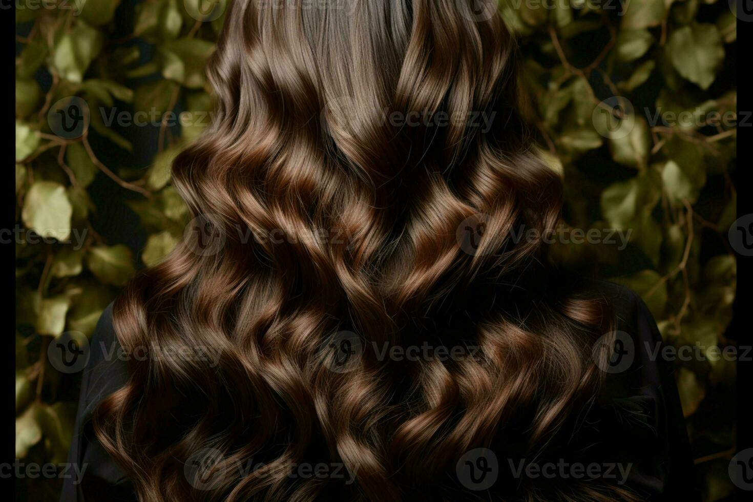 Studio portrait Long, black curly hair cascades elegantly, showcasing brunettes back view AI Generated photo