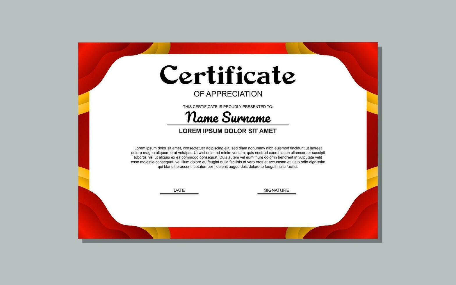 A certificate template with a red and yellow wavy design is a versatile asset suitable for creating eye-catching, modern certificates for various occasions and events. vector
