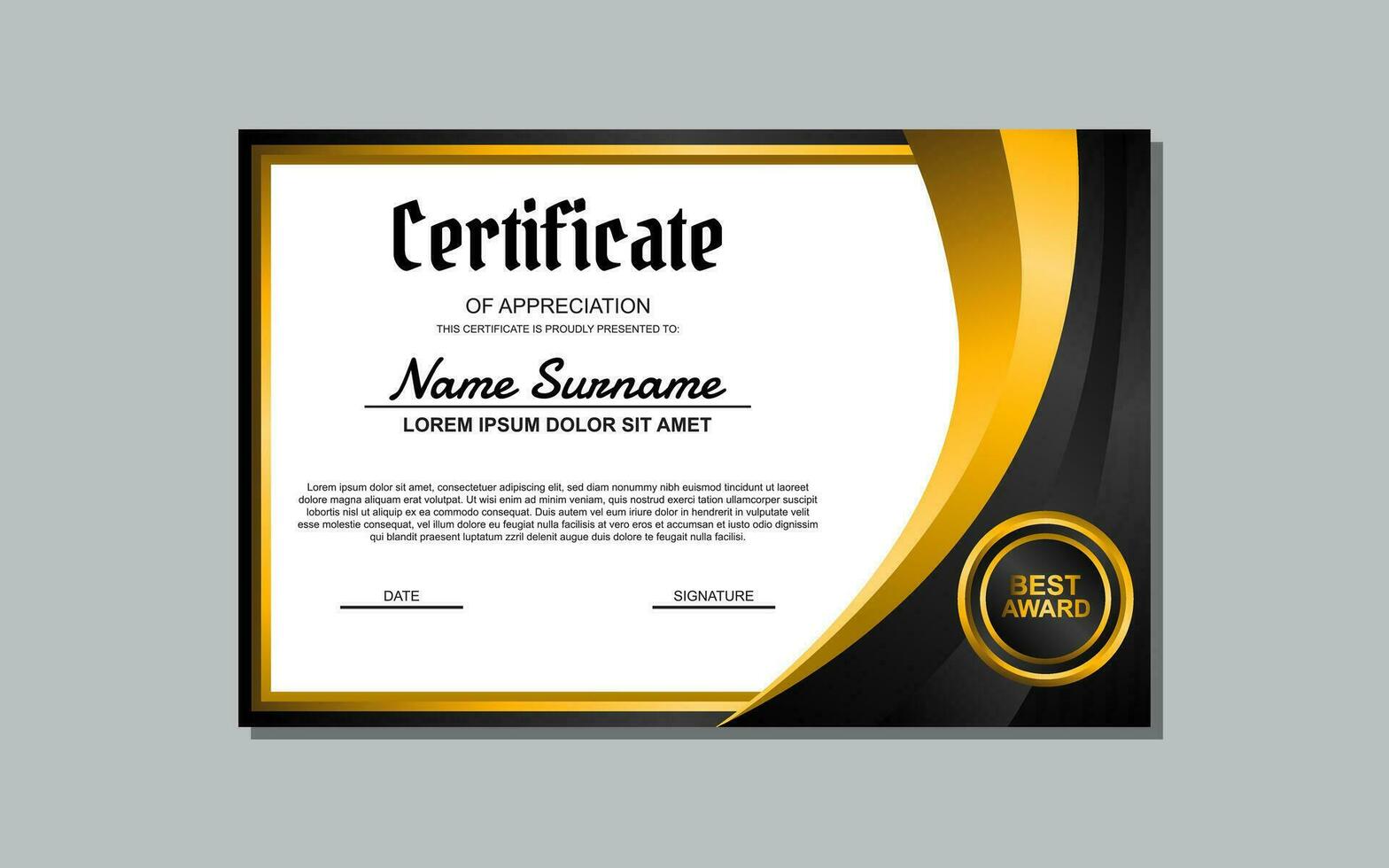 a certificate template with a gold and black design vector