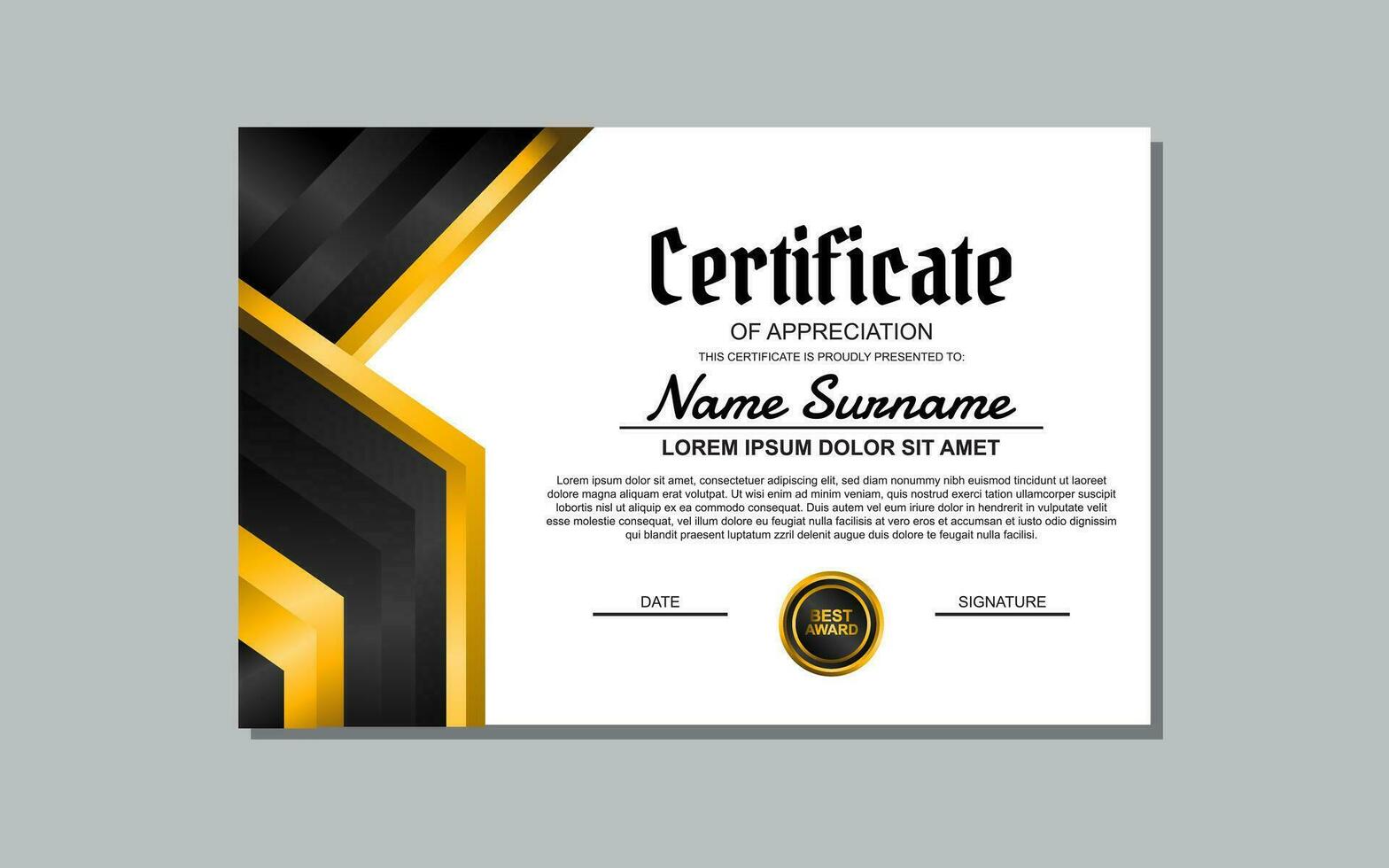 un certificado modelo con un oro y negro diseño vector